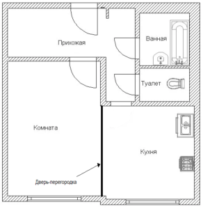 План квартиры с дверью-перегородкой между кухней и комнатой
