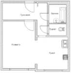 Первый план квартиры с широкой перегородкой между комнатой и кухней